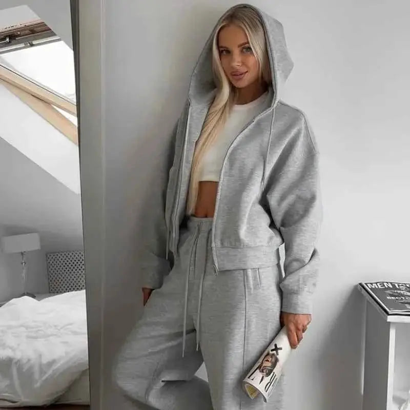Casual Solid Tracksuit Two Piece Set Women Hooded Zipper Coat Sweatpants 2025 New Loose Fit