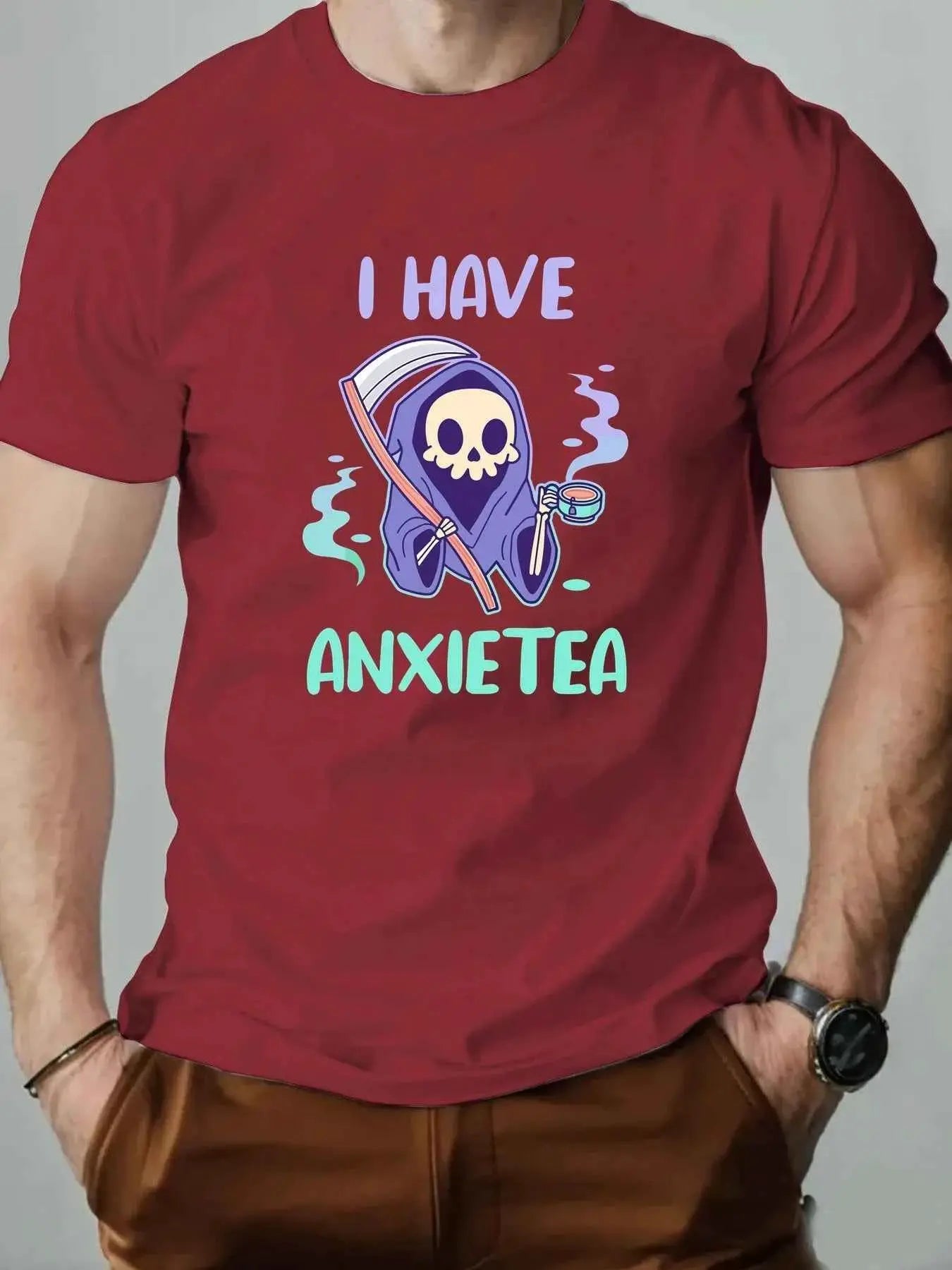 Men 100% Cotton Oversized T Shirt O Neck ANXIETEA Graphic Print Streetwear Casual Loose Fit Summer Tee Top For Daily Wear