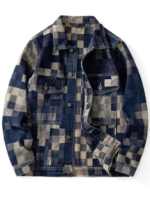 Vintage Loose Denim Jacket With Grid Pattern For Men Casual American Jean Coat Made For Everyday Wear