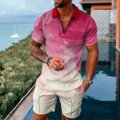 Mens Summer Tracksuit Set 3D Printed Casual Short Sleeve T Shirt With Lapel Zip Polo For Jogging