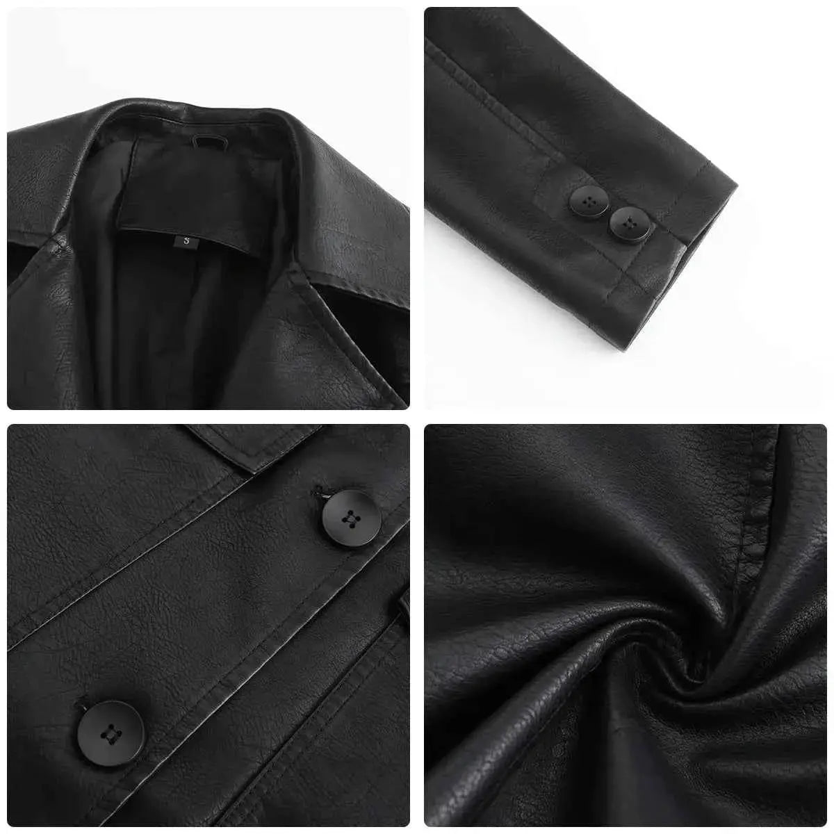 Black Women PU Leather Long Jacket Windbreaker For Spring And Autumn Lapel Single Breasted Long Sleeve