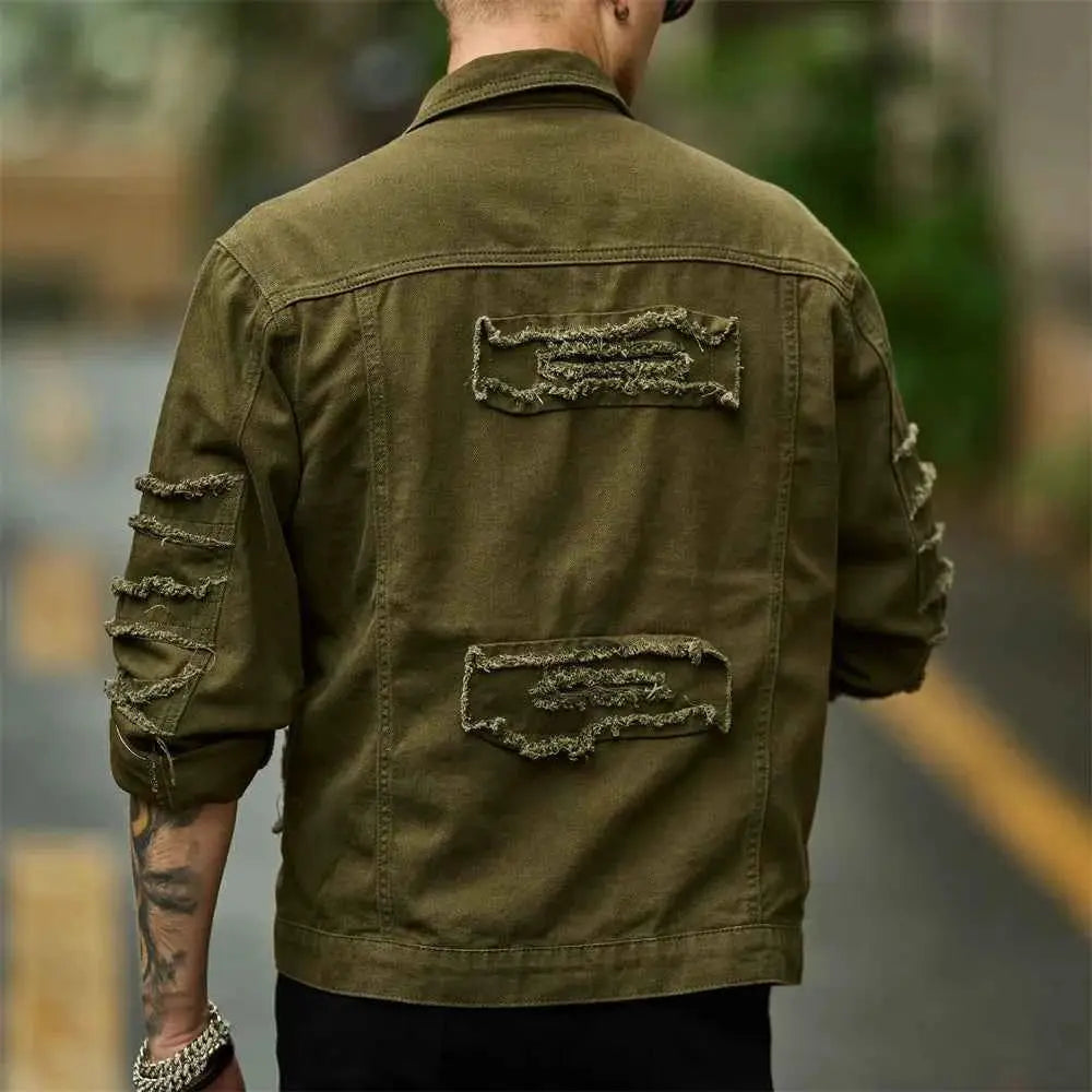 Street Style Men Ripped Splicing Slim Motorcycle Denim Jacket With Patch Casual Solid Jeans Coat