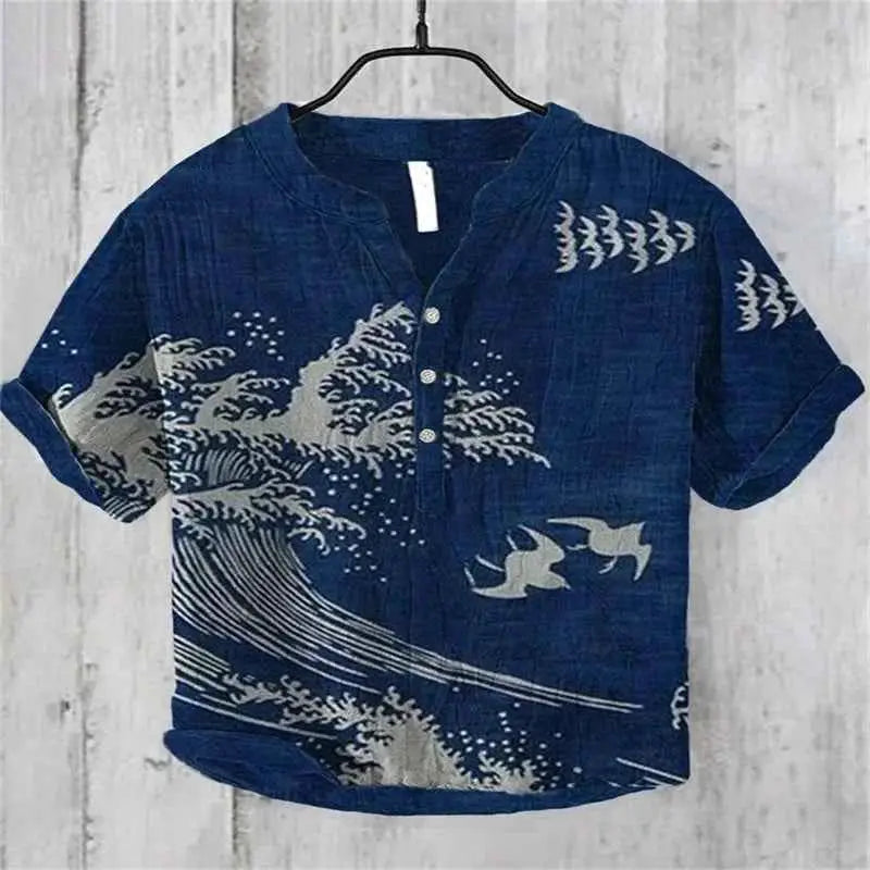 Summer Linen Blend Men's V Neck Short Sleeve T Shirt With The Great Wave Off Kanagawa Print