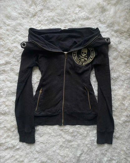 Y2K Retro Army Green Zipper Jacket for Women Harajuku Slim Fit Denim Coat Autumn Winter Short Stand Collar Goth Style