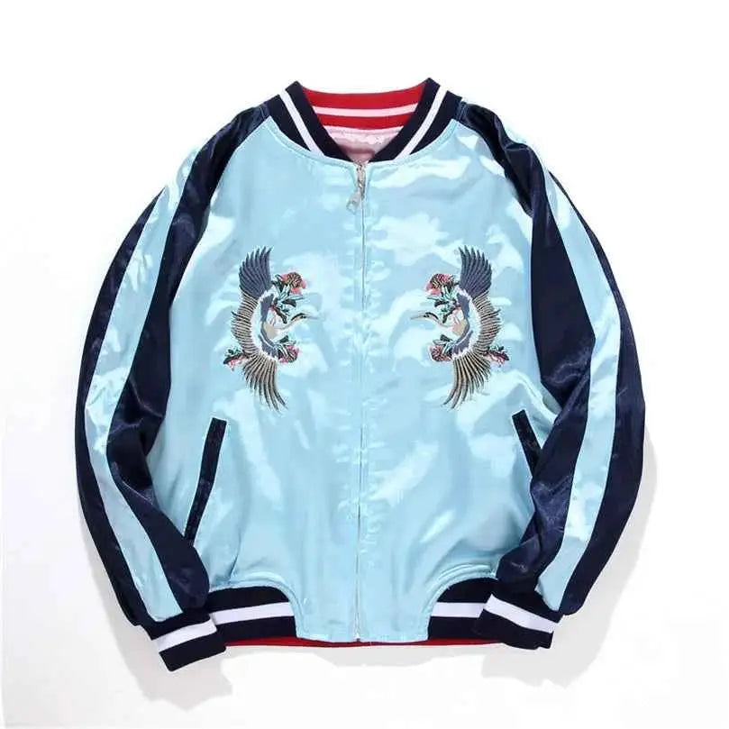 Double Sided Satin Baseball Jacket Women Featuring Mount Fuji Yokosuka Japanese Artwork Sky Blue And Pink By TeenStylo