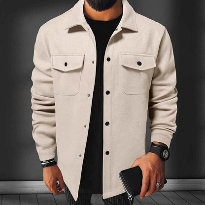 Men's Classic Solid Color Wool Jacket Casual Single Breasted Lapel Shirt Windbreaker Winter Outerwear