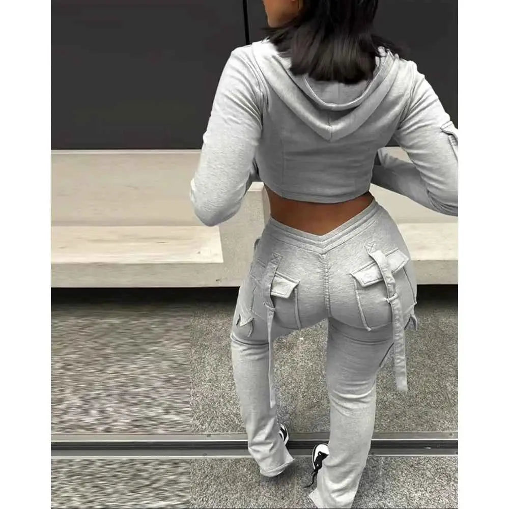 Women Hooded Crop Top And Pocket Skinny Pants Set Long Sleeve Casual Two Piece Autumn Outfit
