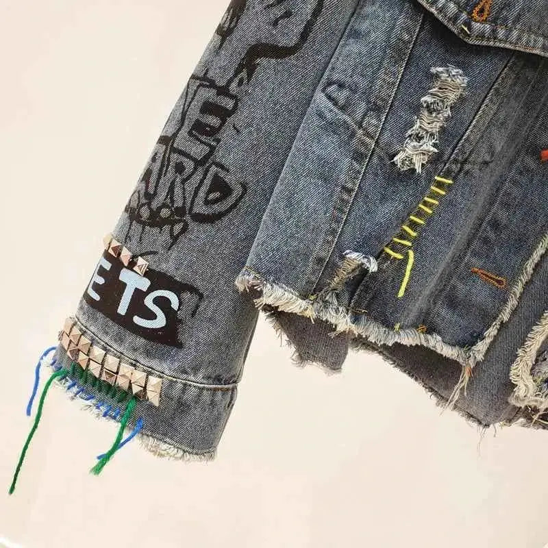 2026 Spring Autumn Women Graffiti Denim Jacket Frayed Raw Cut Rivet Fringe Jean Coat Outwear