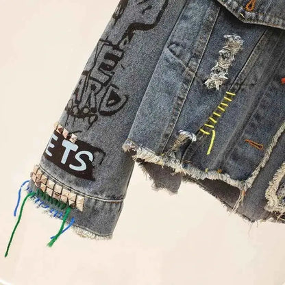 2026 Spring Autumn Women Graffiti Denim Jacket Frayed Raw Cut Rivet Fringe Jean Coat Outwear