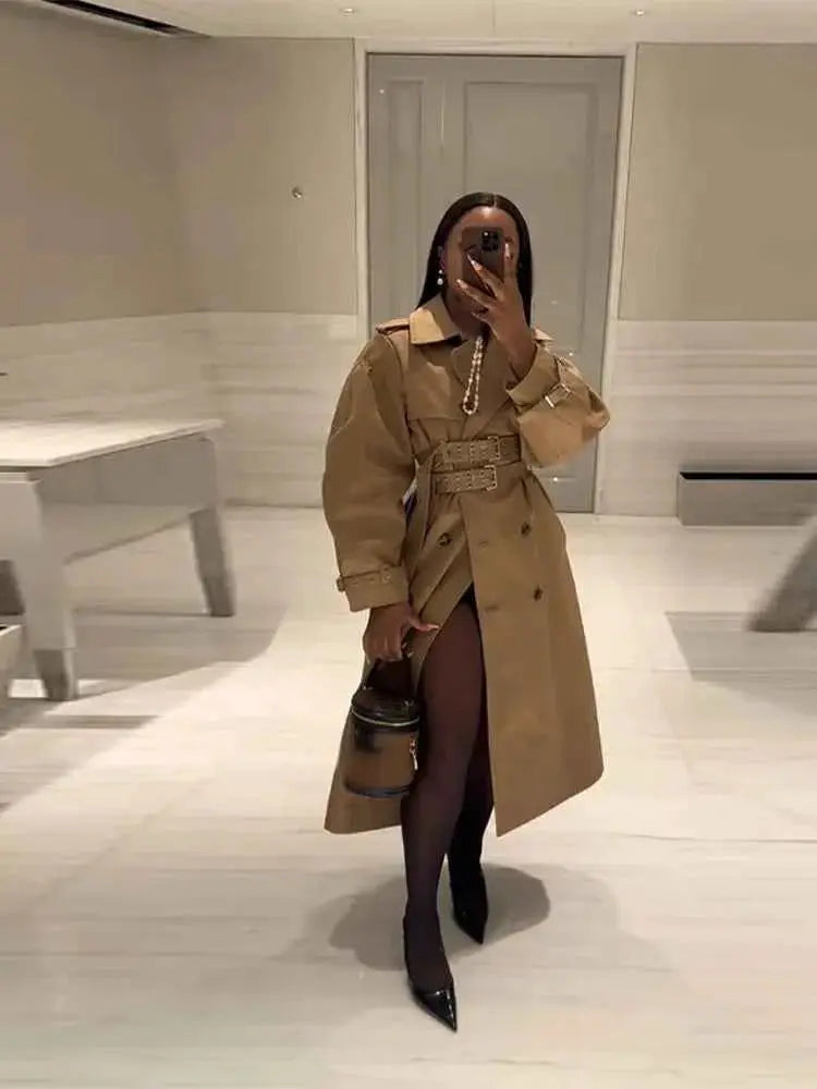 Khaki Women Windbreaker Jacket Double Belt Long Sleeve Lapel Button Casual Streetwear 2025 Autumn Winter