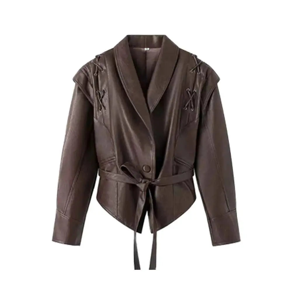 Suninheart Womens Faux Leather Jacket 2025 Autumn Winter Oversized Dropped Shoulder Belted Corset Style