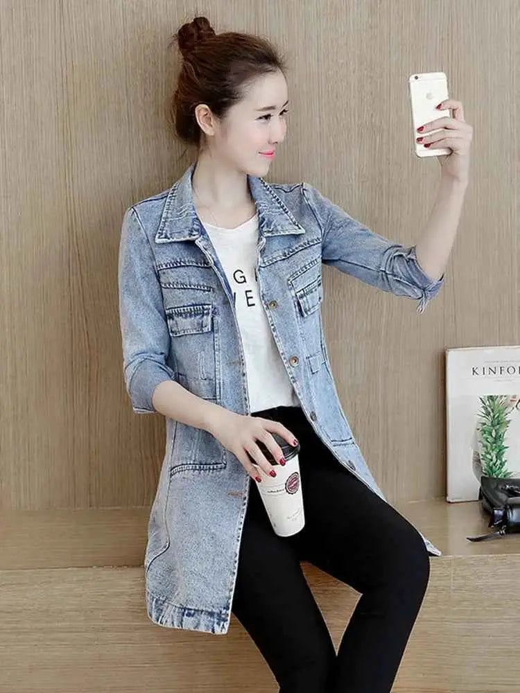Zoki Autumn Women Denim Jacket Ripped Blue Long Sleeve Slim Fit Cotton Outwear 5XL
