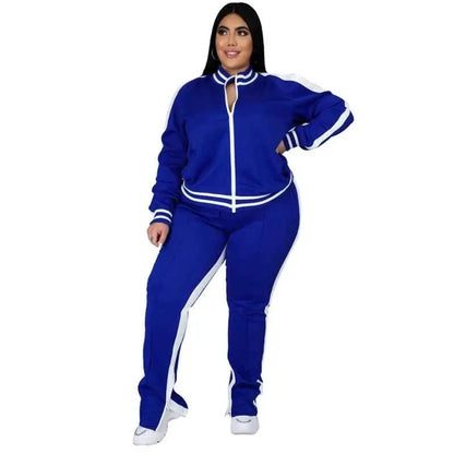 Plus Size Two Piece Sweatsuit For Women Zip Striped Top And Slit Jogger Pants Outfit Wholesale Dropshipping