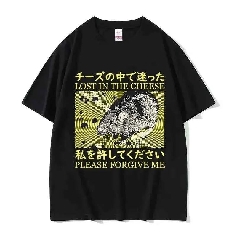 Lost In The Cheese Rat Print Meme T Shirt For Men Women Oversized Short Sleeve Streetwear Summer Tee Tops