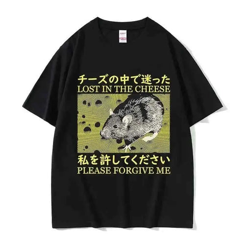 Lost In The Cheese Rat Print Meme T Shirt For Men Women Oversized Short Sleeve Streetwear Summer Tee Tops