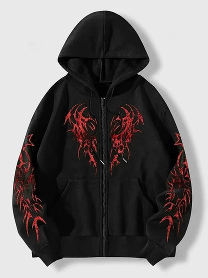 New Hooded Zip Up Hoodie Unisex Winter 100 Percent Cotton Gothic Print Vintage Fleece Sweatshirt Y2K Oversized