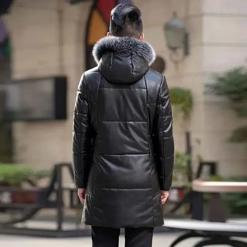 Mens Genuine Leather Down Jacket Hooded Sheepskin Coat Mid Length Slim Fit Winter Puffer Windbreaker