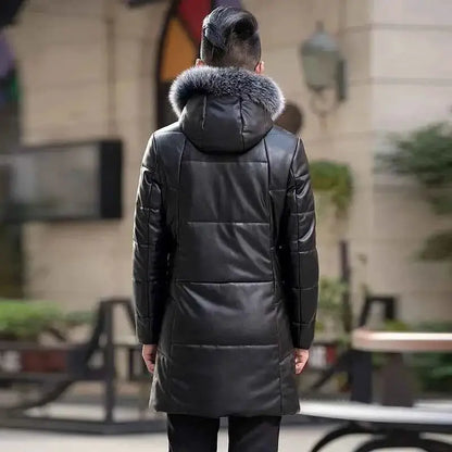 Mens Genuine Leather Down Jacket Hooded Sheepskin Coat Mid Length Slim Fit Winter Puffer Windbreaker