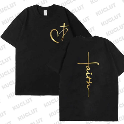 Women's Summer T Shirt Heart Cross Print Faith Jesus Tee Short Sleeve Top Fashion Brand Clothing