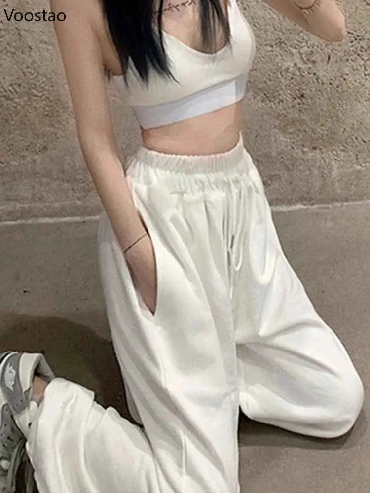 Women White Jogging Sweatpants Harajuku Style Wide Leg Casual Sports Pants Korean Fashion Ankle Length