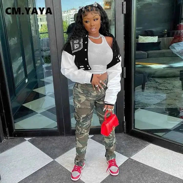 CM YAYA Letter B Baseball Womens Tracksuit Two Piece Jacket And Sweatpants Set Outfit