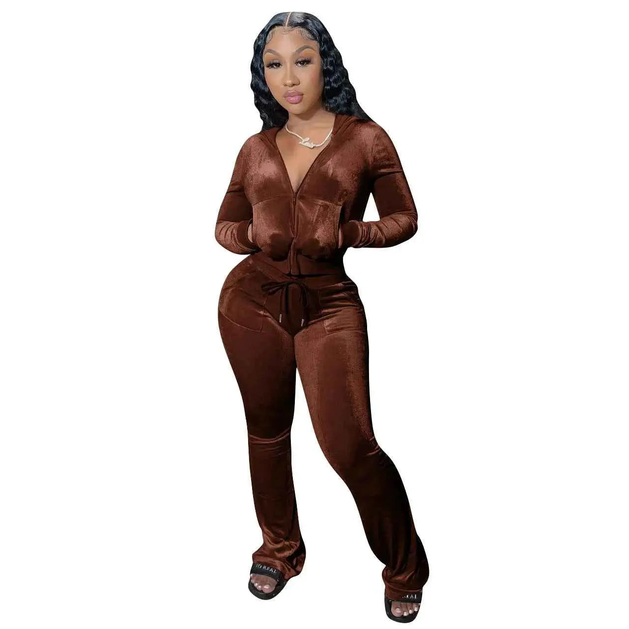 Women Autumn Velour Tracksuit Set Two Piece Zip Up Hooded Jacket Bodycon Flared Pants Jogger Outfit