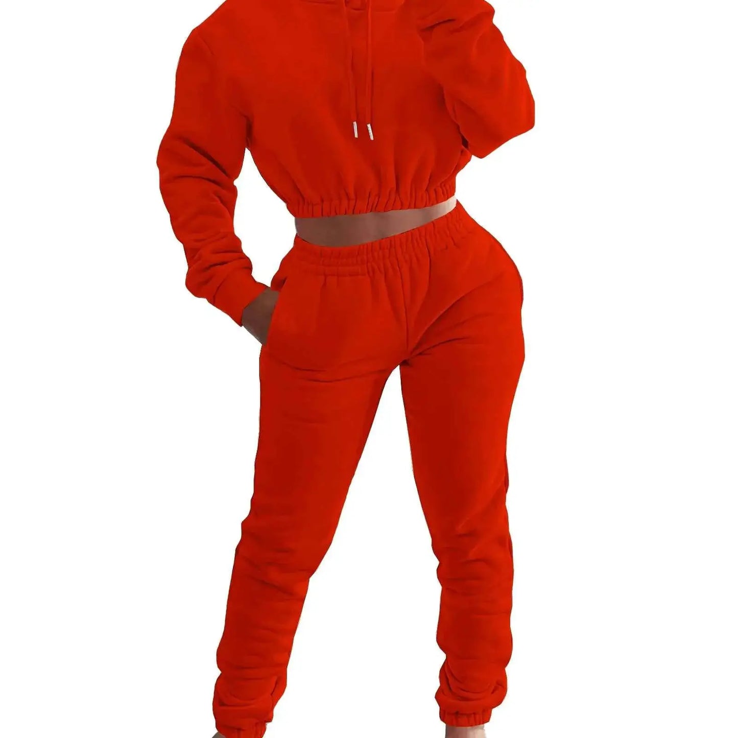 Women Autumn Winter Fleece Crop Top Hoodie Sweatshirt And Sweatpants Tracksuit 2 Piece Jogger Set Sweatsuit