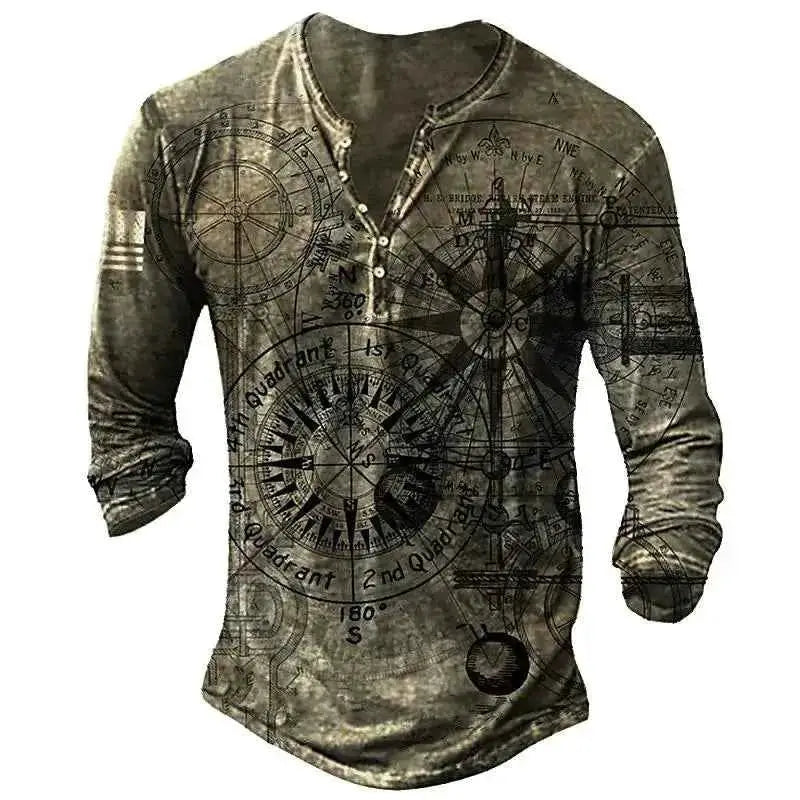 Vintage Men's Compass Graphic Long Sleeve Tee Oversized Streetwear 3D Print For Men