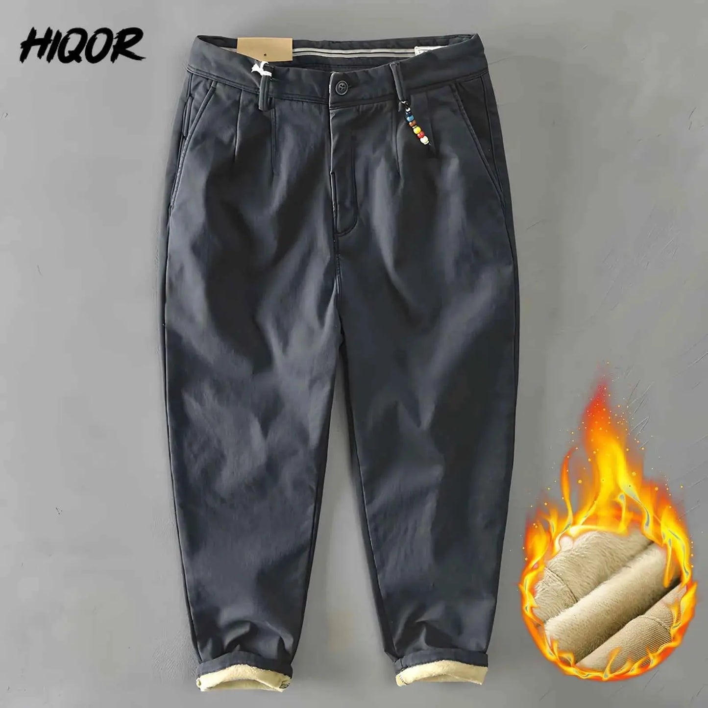 HIQOR Men Cargo Pants Winter 2026 Fleece Warm Khaki Casual Trousers Beading Design Business Pants