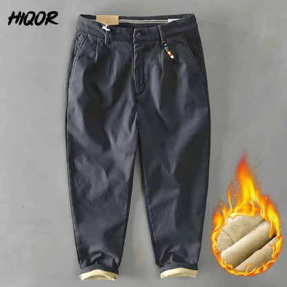 HIQOR Men Cargo Pants Winter 2026 Fleece Warm Khaki Casual Trousers Beading Design Business Pants