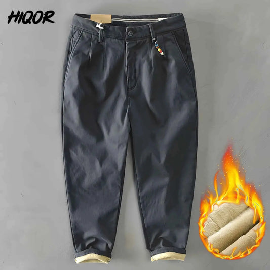 HIQOR Men Cargo Pants Winter 2026 Fleece Warm Khaki Casual Trousers Beading Design Business Pants