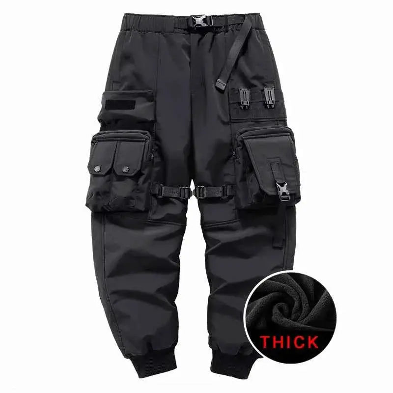 2022 Winter Thick Tactical Cargo Pants For Men With Multi Pockets Techwear Hip Hop Streetwear Black