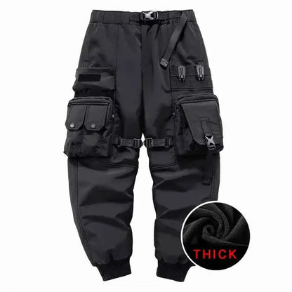 2022 Winter Thick Tactical Cargo Pants For Men With Multi Pockets Techwear Hip Hop Streetwear Black