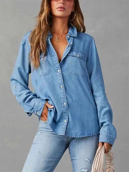Womens Denim Shirt Solid Color Turn Down Collar Long Sleeve Jean Blouse Spring Casual Streetwear Top for Everyday Wear