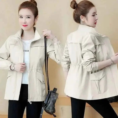 Women's Short Jacket Windbreaker Double Layer Autumn Casual Slim Fit Coat Stand Up Collar Fashion Ladies Outerwear
