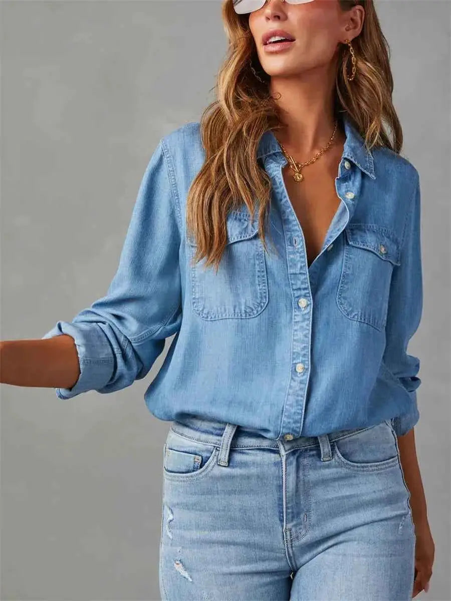 Womens Denim Shirt Solid Color Turn Down Collar Long Sleeve Jean Blouse Spring Casual Streetwear Top for Everyday Wear