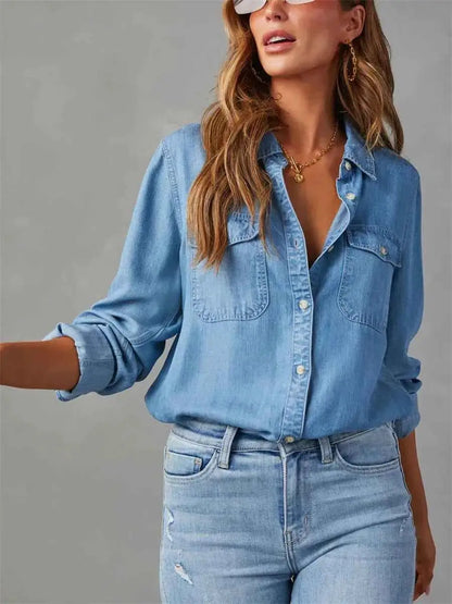 Womens Denim Shirt Solid Color Turn Down Collar Long Sleeve Jean Blouse Spring Casual Streetwear Top for Everyday Wear