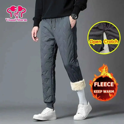 Men Open Crotch Thermal Sweatpants Winter Thickened 7XL Sport Casual Trousers With Hidden Zippers