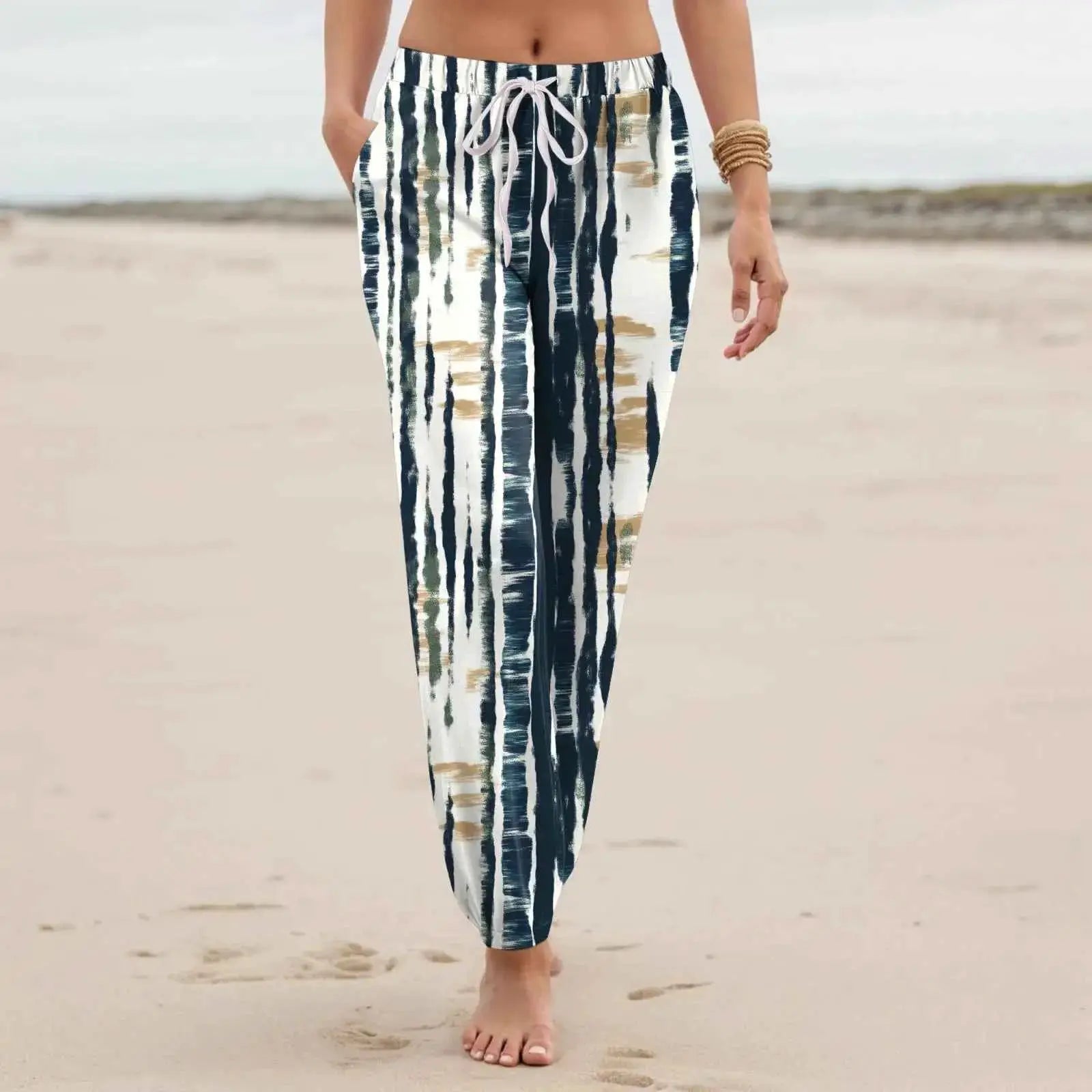 Women Casual Vintage Floral Printed Harem Pants With Pockets Drawstring Elastic Waist Beach Vacation Long Trousers