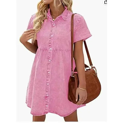 Women Denim Shirt Dress Short Sleeve Turn Down Collar Jean Dress Single Breasted Casual Loose Fit With Ruffled Edge