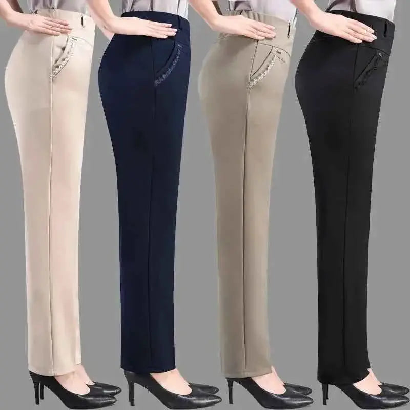 Women Winter Fleece High Waist Black Straight Pants Slim Elegant Thickened Large Size Trousers