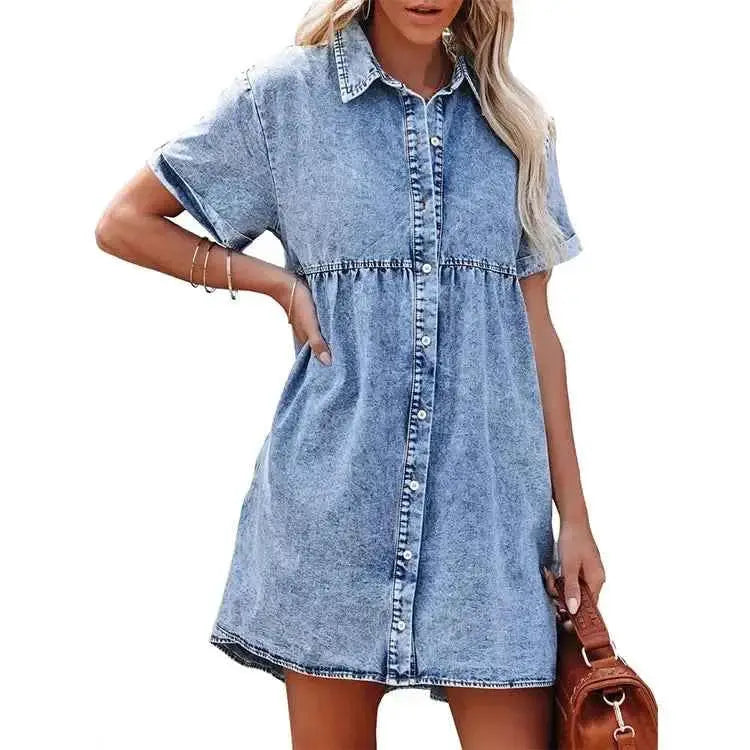 Women Denim Shirt Dress Short Sleeve Turn Down Collar Jean Dress Single Breasted Casual Loose Fit With Ruffled Edge