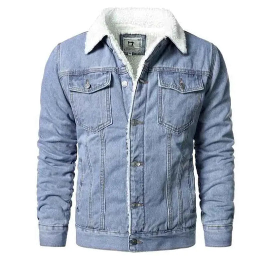 Men's Light Blue Denim Jacket Slim Casual Winter Jacket High Quality Thick Warm Sizes XS Through 6XL