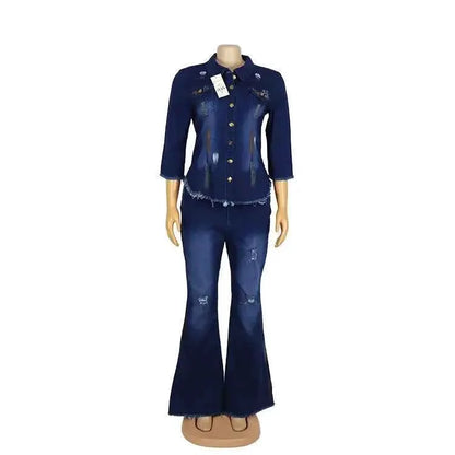 Women Two Piece Cowboy Suit Set With Jean Jacket And Flare Pants Single Breasted Turndown Collar Casual Ensemble