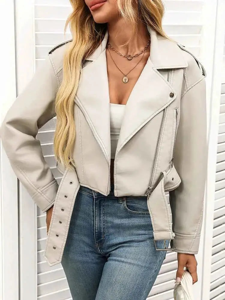 Women Faux PU Leather Short Jacket Belted Motorcycle Style Zipper Lapel Spring Autumn Outwear