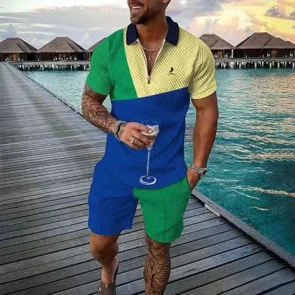 Mens Summer Tracksuit Set 3D Printed Casual Short Sleeve T Shirt With Lapel Zip Polo For Jogging