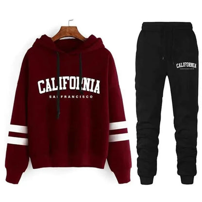 California Womens Tracksuit Set Casual Striped Hooded Sweatshirt and Pants Versatile Streetwear S to 3XL
