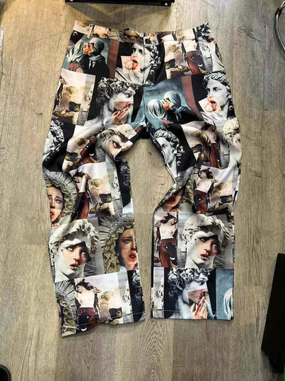 Mens Spring Autumn Streetwear Printed Pants Straight Loose Fit Mid Waist Full Length Casual Trousers
