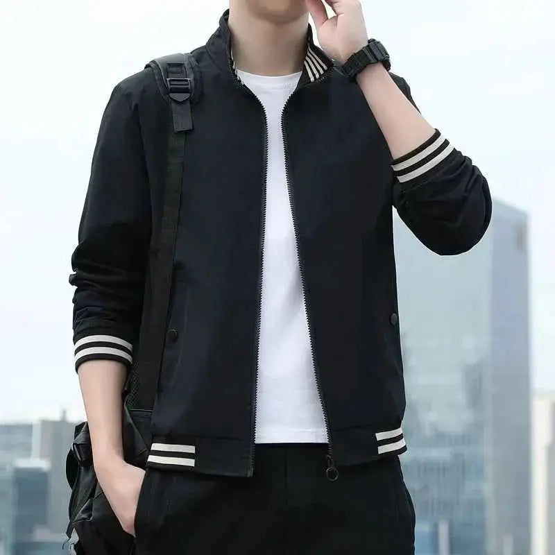 BROWON Men Spring and Autumn Fashion Jacket Long Sleeve Regular Fit Solid Bomber Jacket for Daily Casual Wear