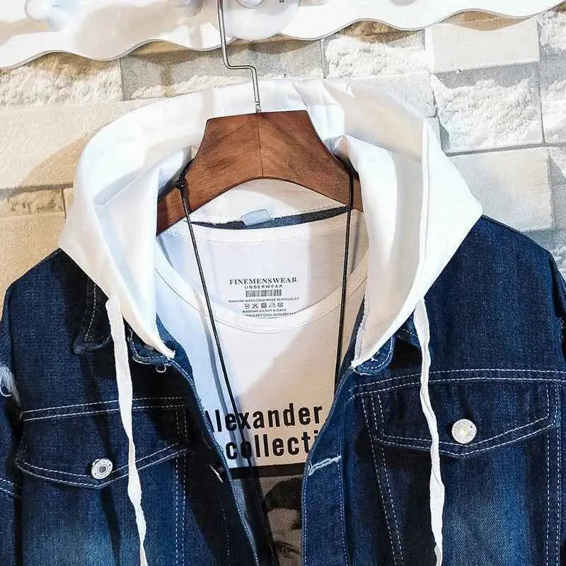 Men Denim Jacket Streetwear Hip Hop Hooded Jean Jacket Casual Loose Outerwear 2023 Spring Fashion Slim Fit